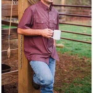NEW FERRELL nicholas pearl snap short sleeve shirt in burgundy